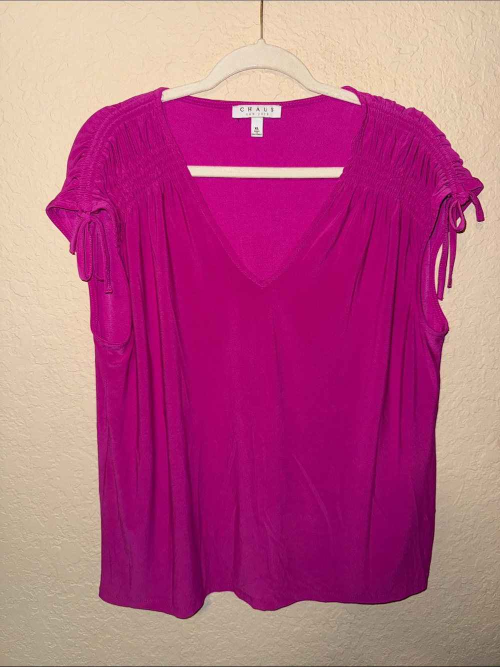 Chaus Fuchsia V-Neck Short Sleeve Tie-Accent Top
